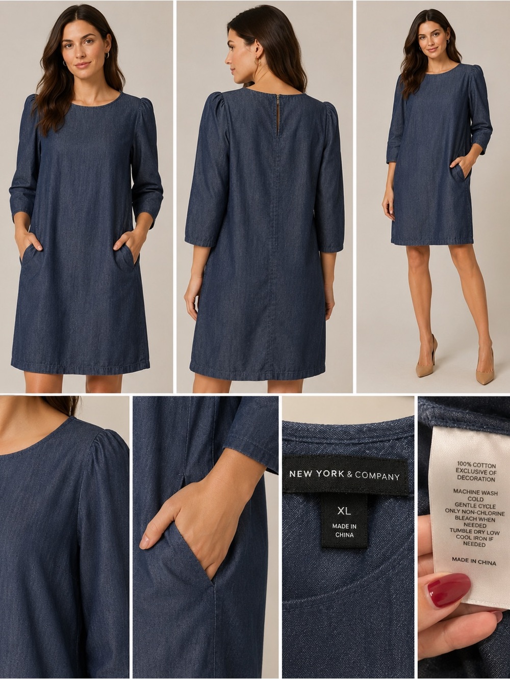 New York & Company Dark Blue Long Sleeve Dress